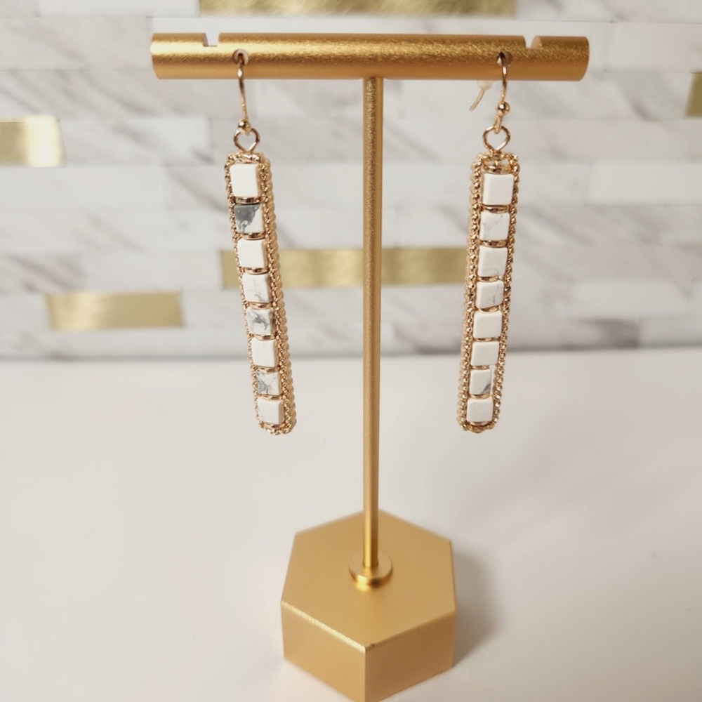 White and Gold Semi-Precious Natural Stone Bar Dangle Earrings